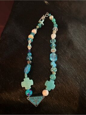 Upcycle Prada logo triangle Turquoise and Aqua Beaded Logo Pendant Necklace